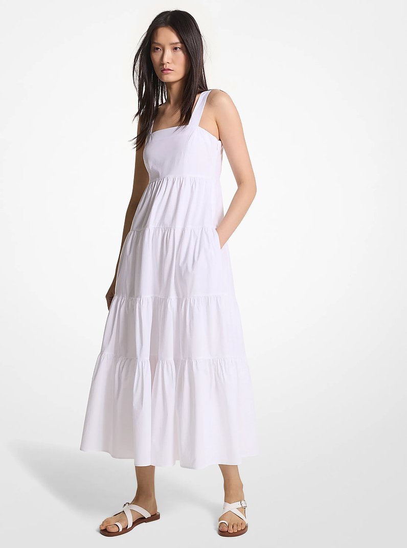 Stretch Cotton Poplin Tiered Midi Dress