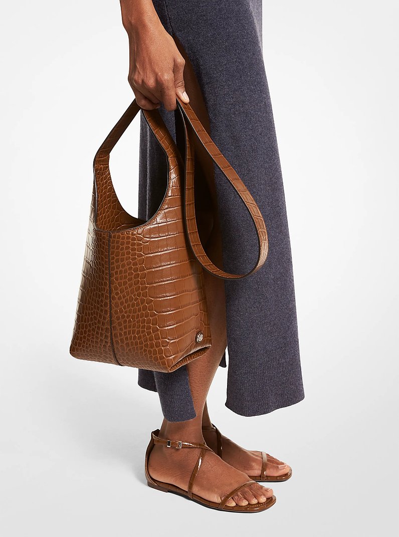 Borsa hobo Dede mini in pelle stampa coccodrillo in CASTAGNA | Michael Kors