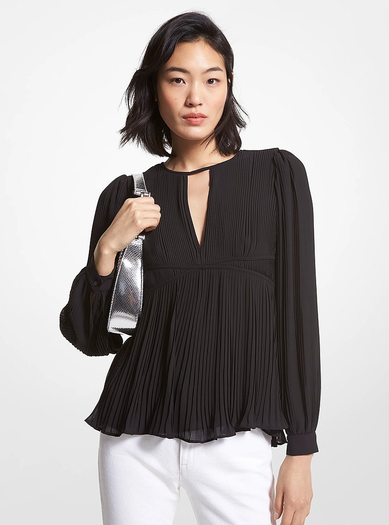 Pleated Georgette Blouse in BLACK | Michael Kors