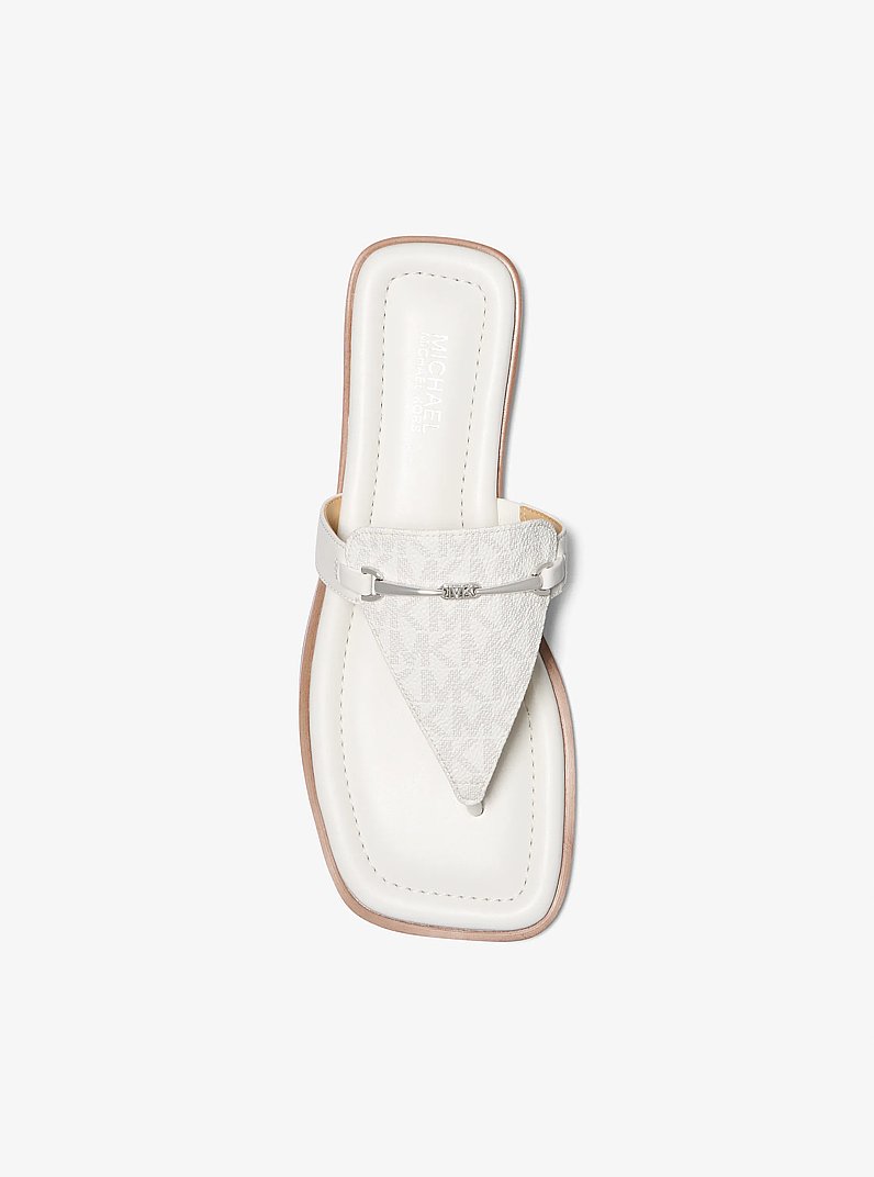 Lena Signature Logo and Leather T-Strap Sandal in OPTIC WHITE | Michael Kors