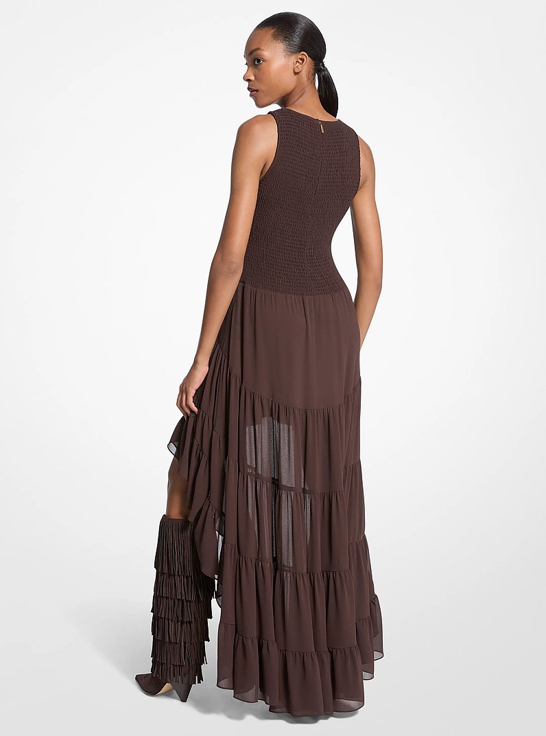 Georgette Smocked High-Low Dress in CHOCOLATE | Michael Kors