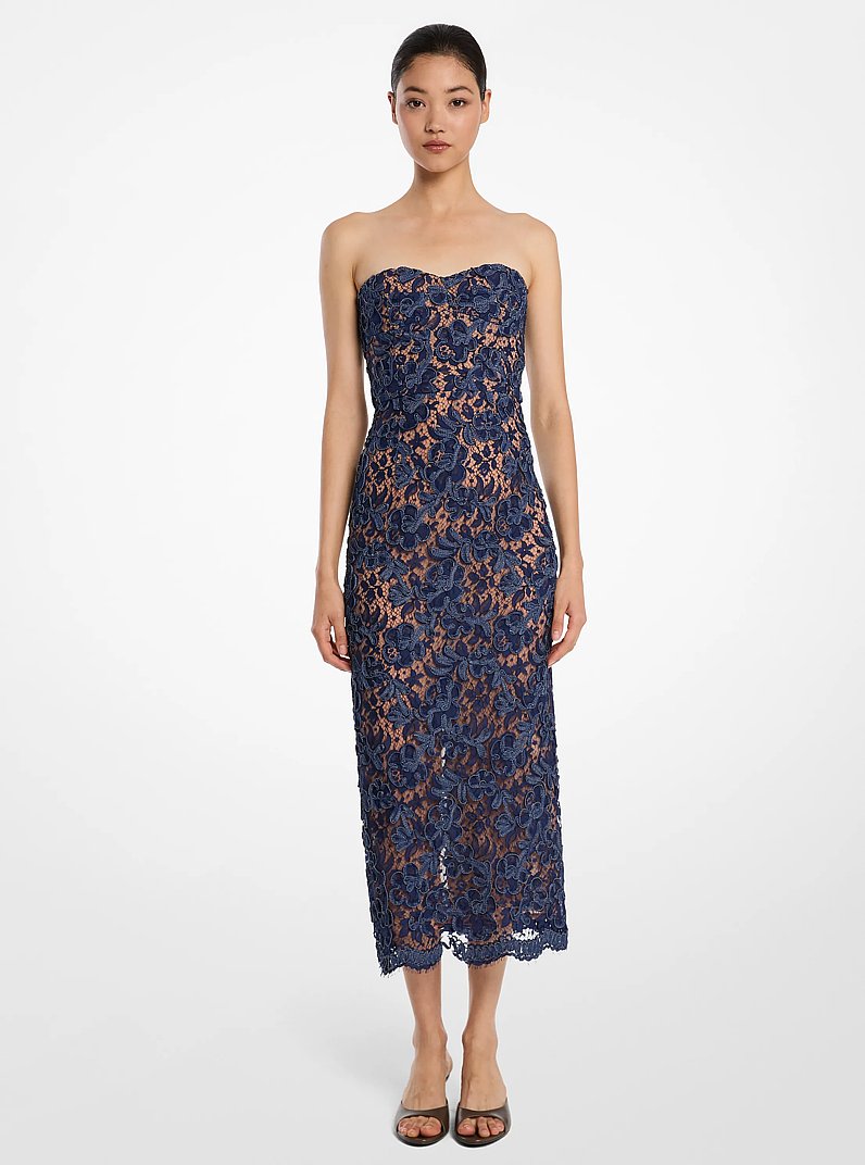 Denim Floral Soutache Lace Strapless Sheath Dress in INDIGO | Michael Kors