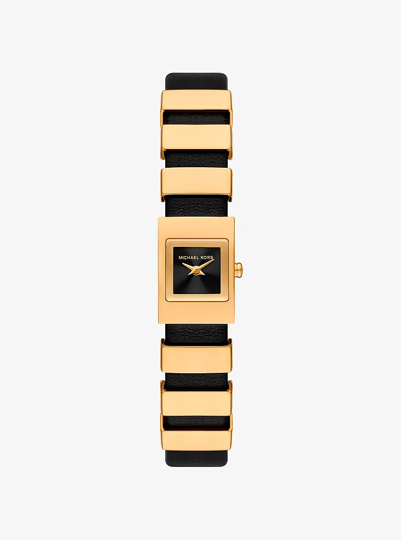 Mini Darrington Gold-Tone and Leather Watch in BLACK | Michael Kors