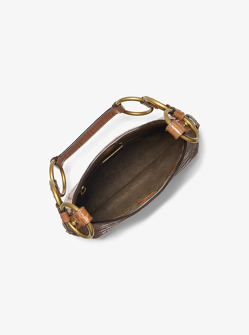 Bardot Mini Crocodile Embossed Patent Leather Hobo Shoulder Bag in SADDLE | Michael Kors