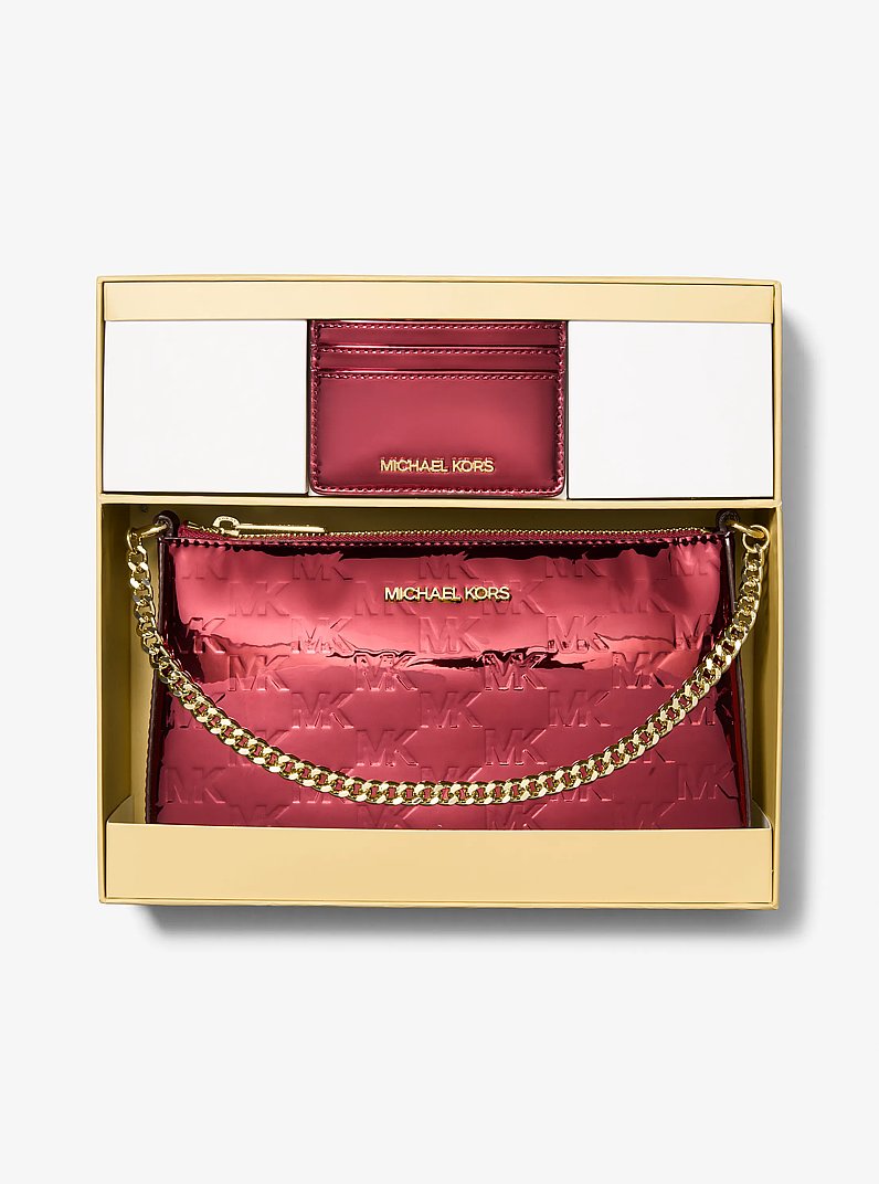 Jet Set Medium Metallic Logo Debossed Pochette and Card Case Gift Set in CEREZA | Michael Kors