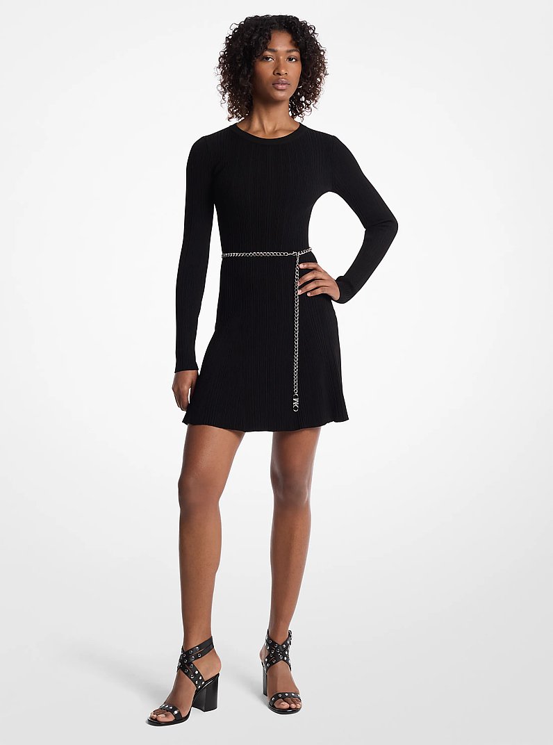 Stretch Knit Belted Dress in BLACK | Michael Kors