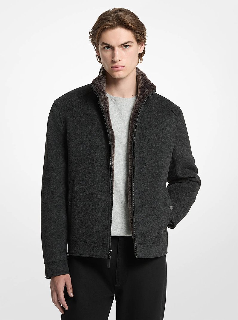 Brett Faux Fur Trim Woven Jacket in CHARCOAL | Michael Kors