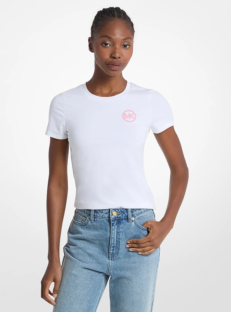 Embellished Logo Stretch Cotton Jersey T-Shirt in WHITE | Michael Kors