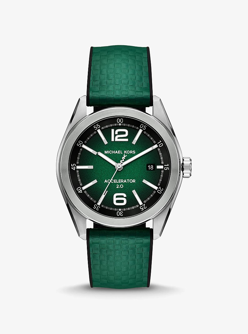 Oversized Accelerator 2.0 Silver-Tone and Textured Silicone Watch in GREEN | Michael Kors