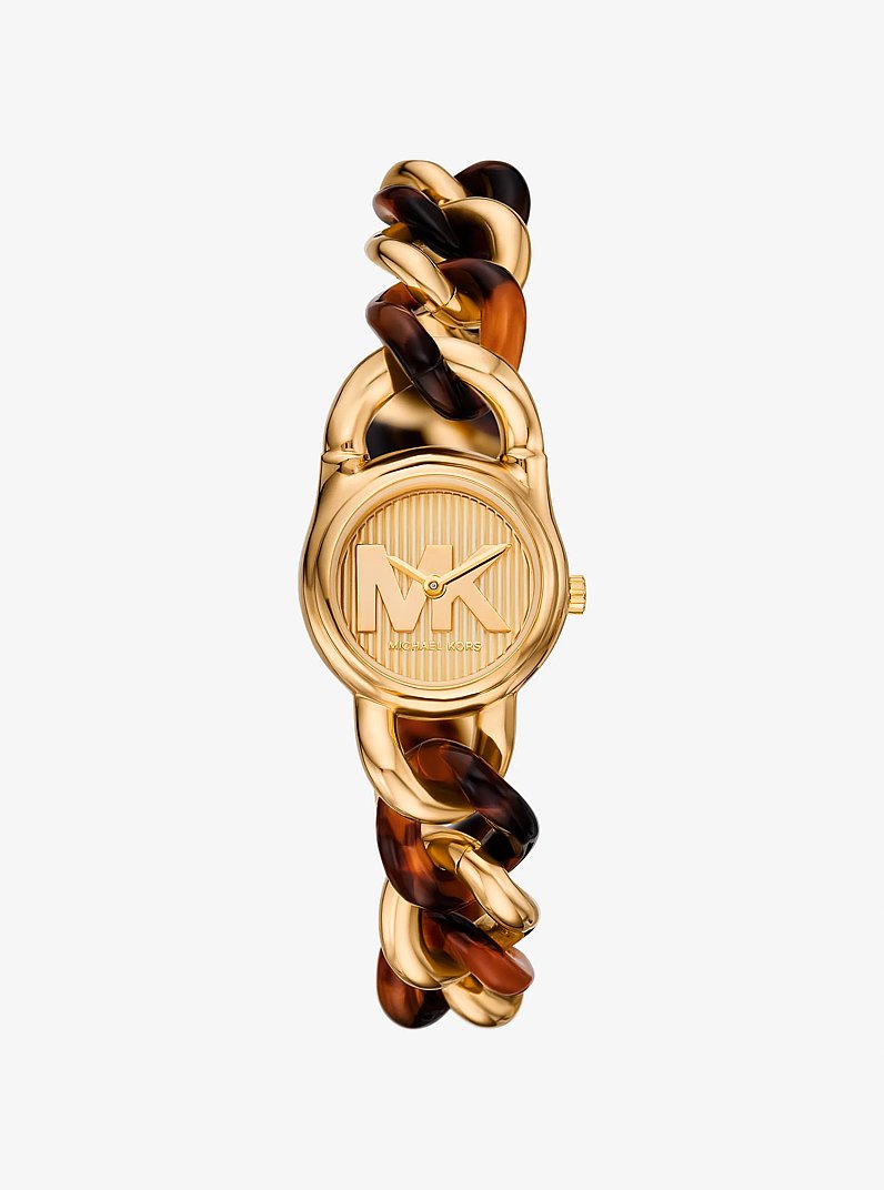 Petite Lock Gold-Tone and Tortoiseshell Acetate Chain Watch in TORTOISE | Michael Kors
