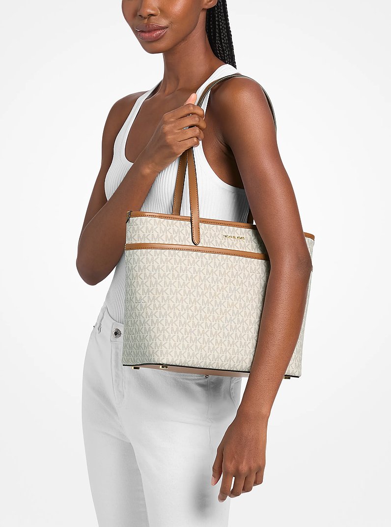 Marlowe Medium Signature Logo Pocket Tote Bag in VANILLA/ACORN | Michael Kors