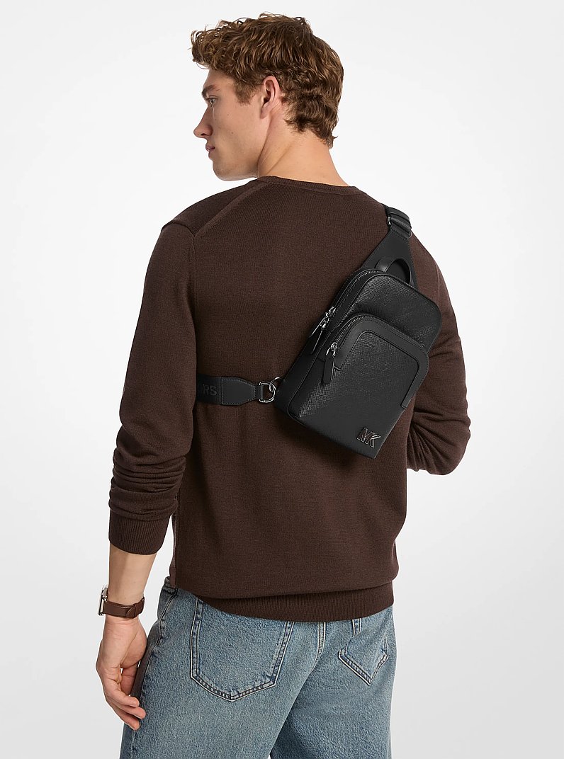 Edison Scratch-Resistant Crossgrain Leather Sling Pack in BLACK | Michael Kors