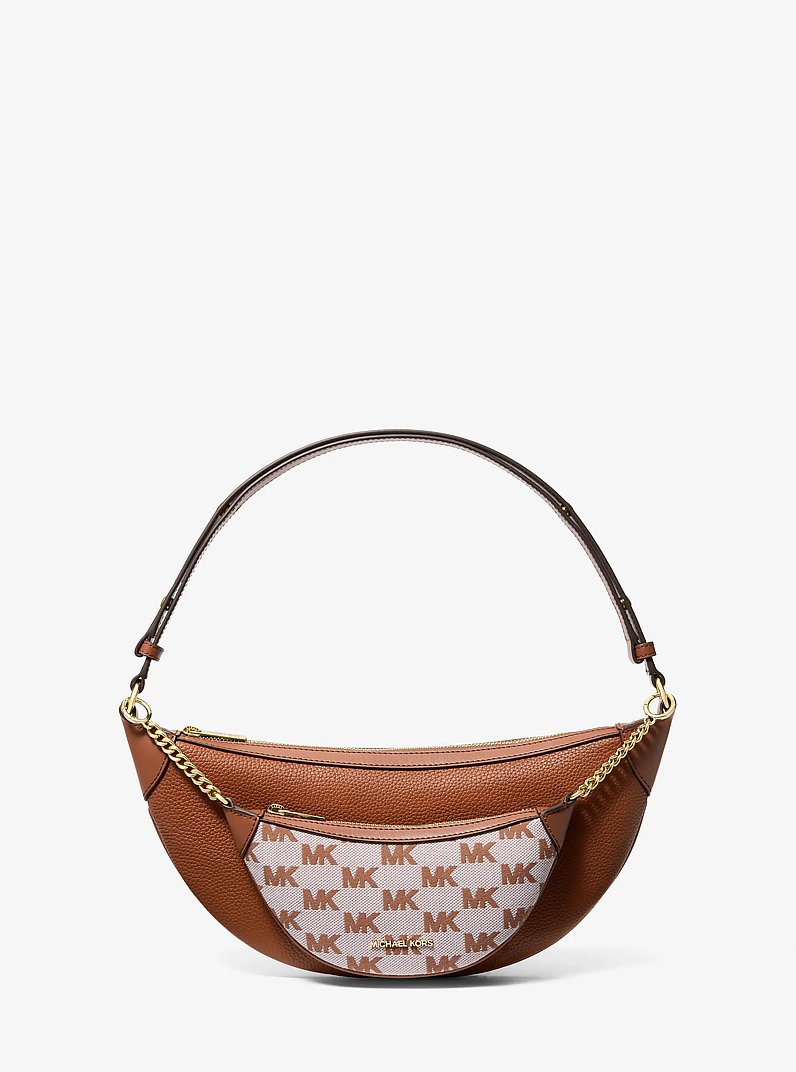 Hollis Medium 2-in-1 Pebbled Leather and Logo Jacquard Shoulder Bag in LUGGAGE | Michael Kors