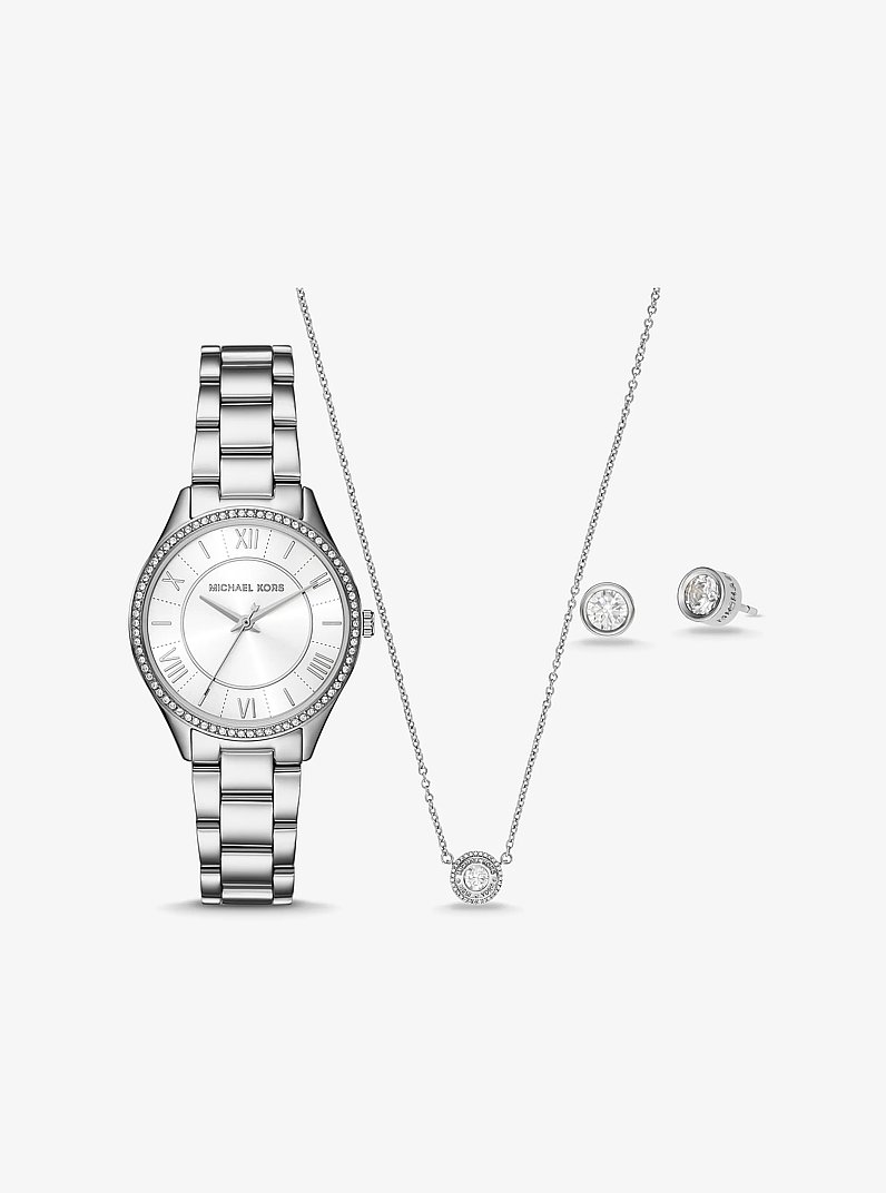 Mini Lauryn Silver-Tone Watch and Jewelry Gift Set in SILVER | Michael Kors