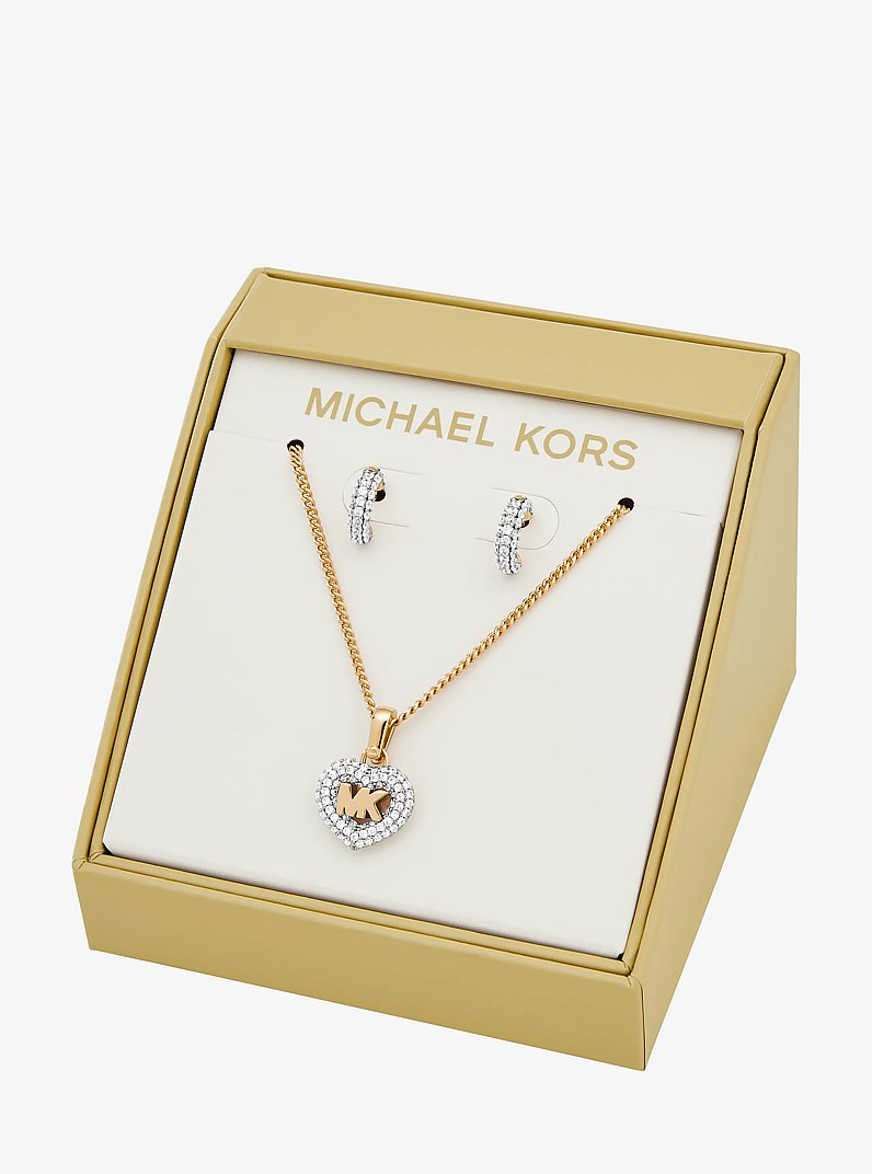Pav&eacute; Heart and Logo Necklace and Hoop Earrings Jewelry Gift Set in GOLD | Michael Kors