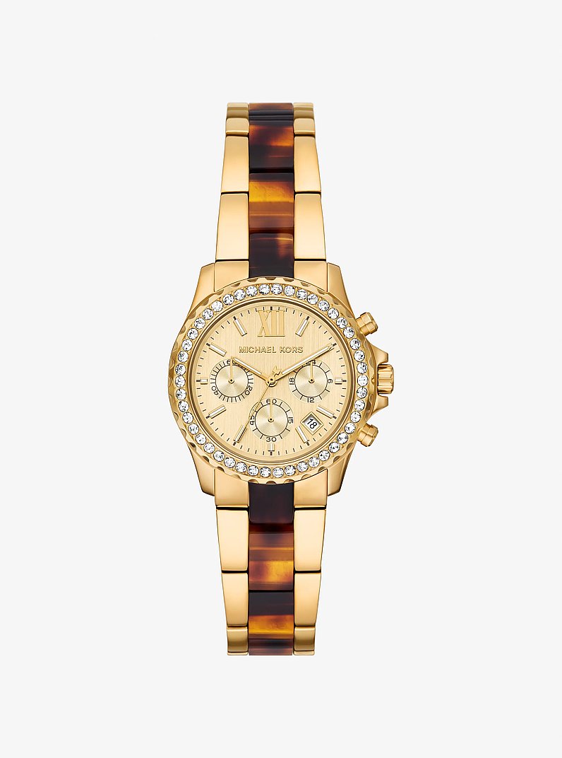 Mini Everest Pav&eacute; Gold-Tone and Tortoiseshell Acetate Watch in GOLD | Michael Kors