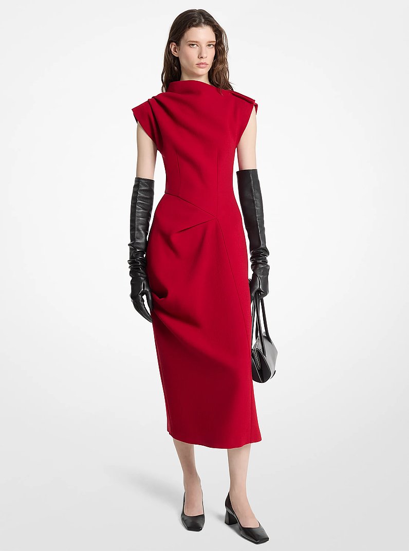 Stretch Boucl&eacute; Crepe Draped Sheath Dress in RUBY | Michael Kors