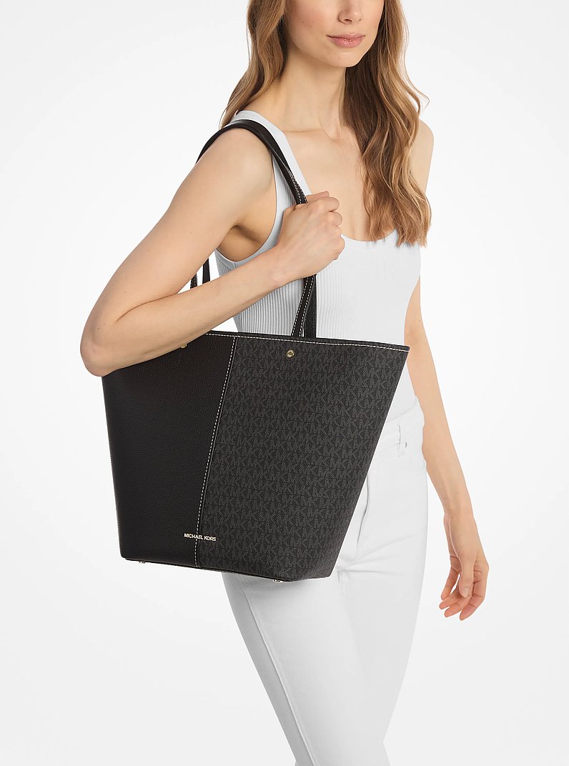 Flora Large Signature Logo and Leather Tote Bag in BLACK | Michael Kors