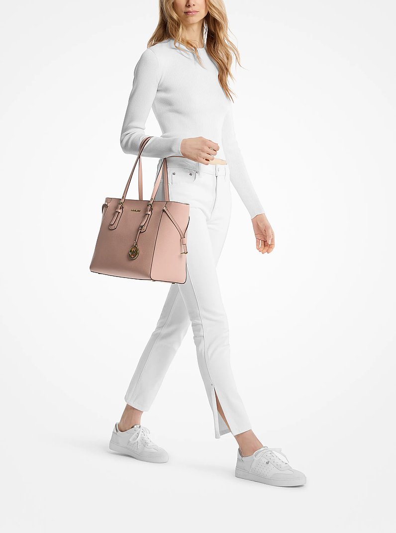 Voyager Medium Crossgrain Leather Tote Bag in SOFT PINK | Michael Kors