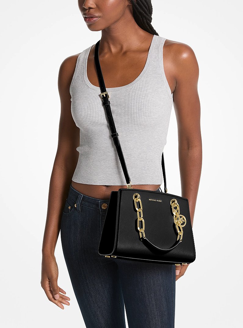 Cynthia Small Leather Satchel in BLACK | Michael Kors