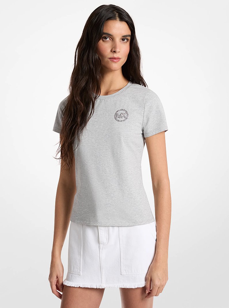 Embellished Logo Stretch Cotton Jersey T-Shirt in PEARL GREY | Michael Kors
