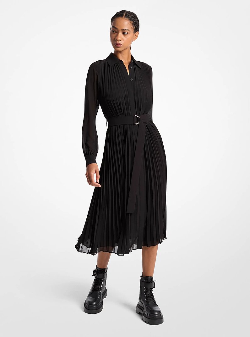 Pleated Georgette Shirtdress in BLACK | Michael Kors