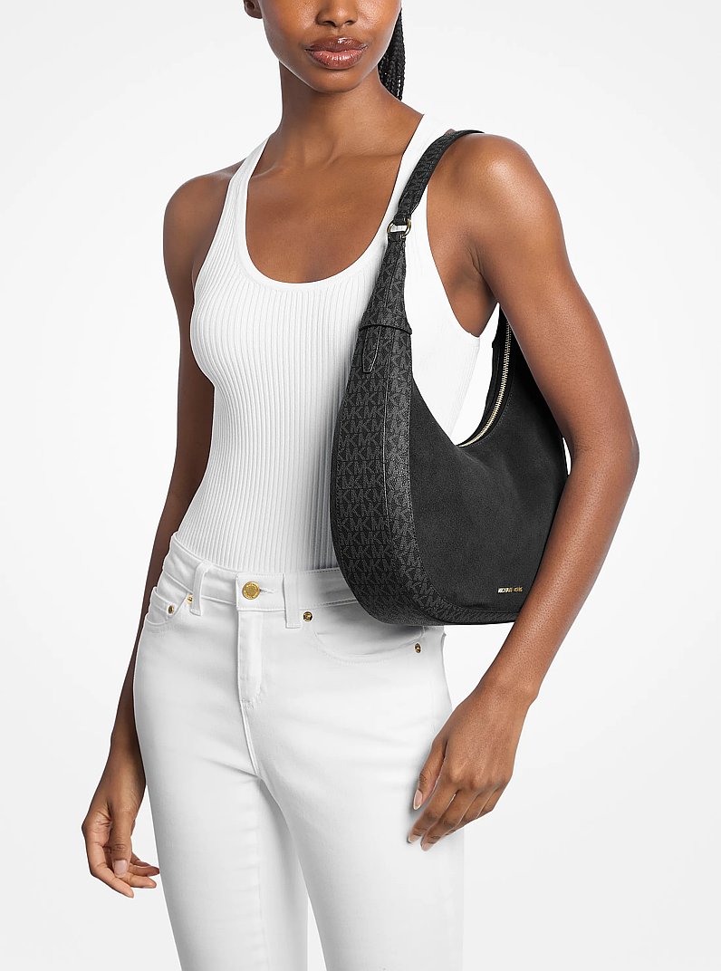 Preston Large Suede and Signature Logo Crescent Shoulder Bag in BLACK | Michael Kors