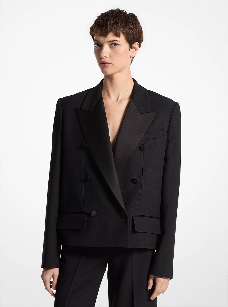Double Crepe Sabl&eacute; Double-Breasted Cropped Jacket in BLACK | Michael Kors