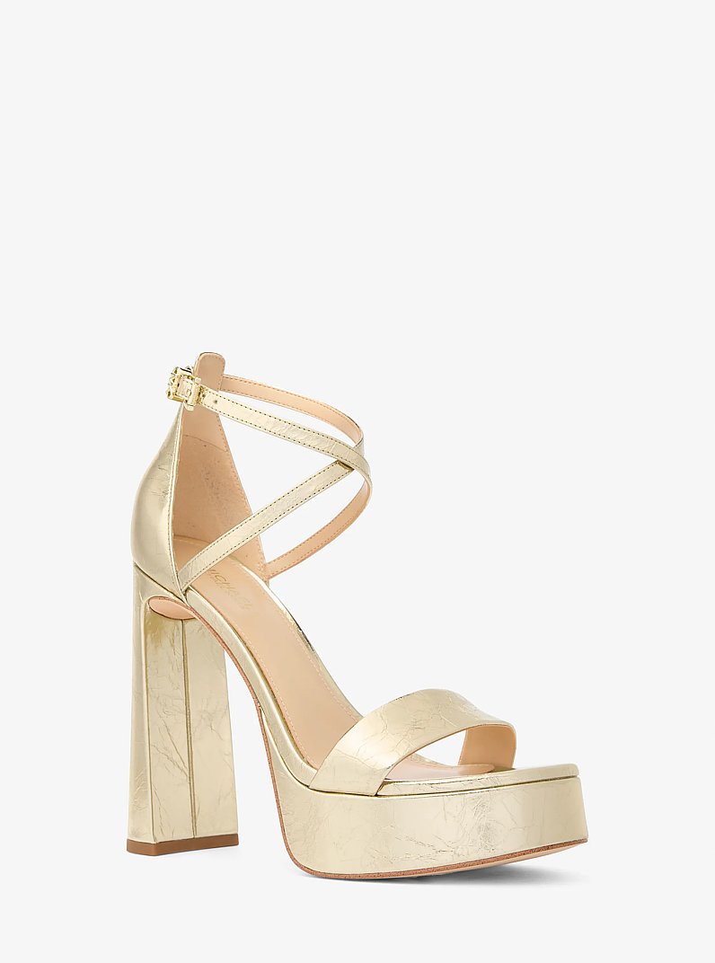 Cami Crackled Metallic Leather Platform Sandal in PALE GOLD | Michael Kors