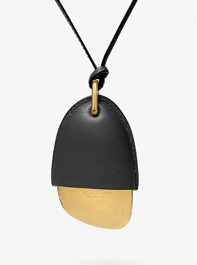 Brushed Brass and Leather Wrapped Pendant Necklace in BLACK | Michael Kors