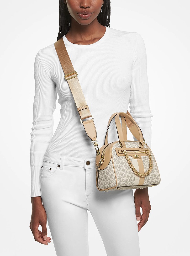 Williamsburg Small Logo Stripe Satchel in VANILLA COMBO | Michael Kors