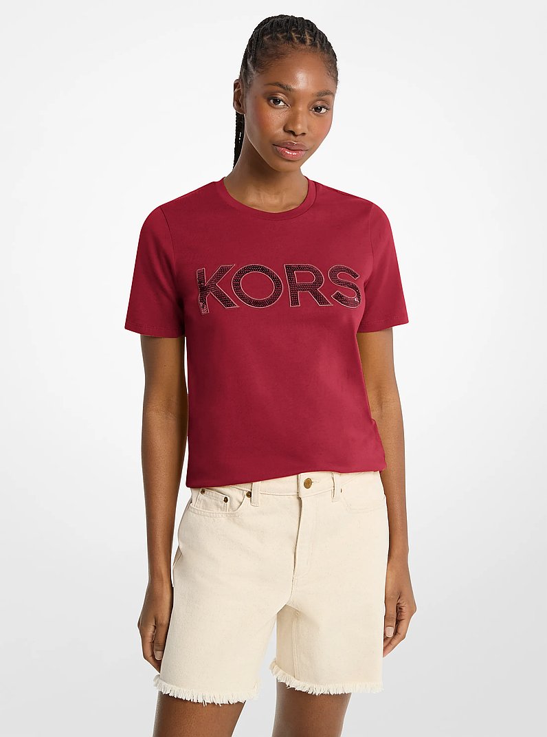 Sequined Logo Cotton T-Shirt in MAROON | Michael Kors