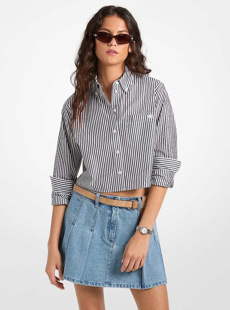 Striped Cotton Poplin Cropped Oxford Shirt in BLACK/WHITE | Michael Kors