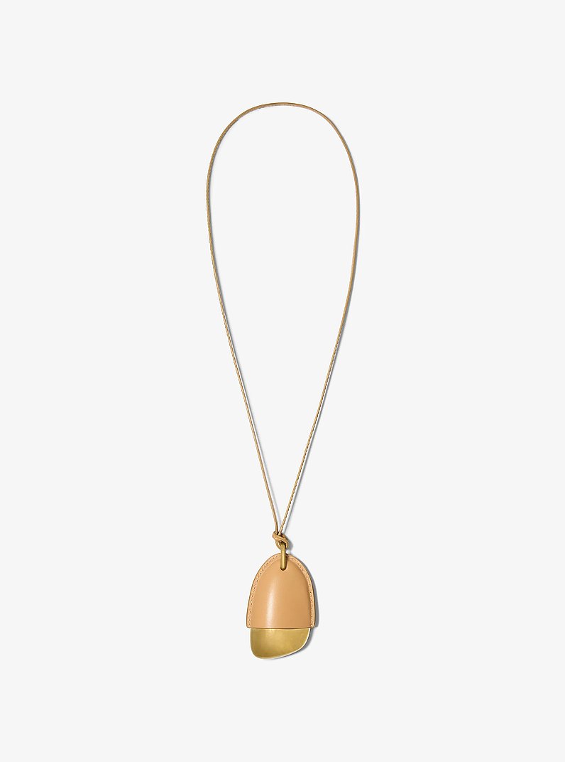 Brushed Brass and Leather Wrapped Pendant Necklace in CASHEW | Michael Kors