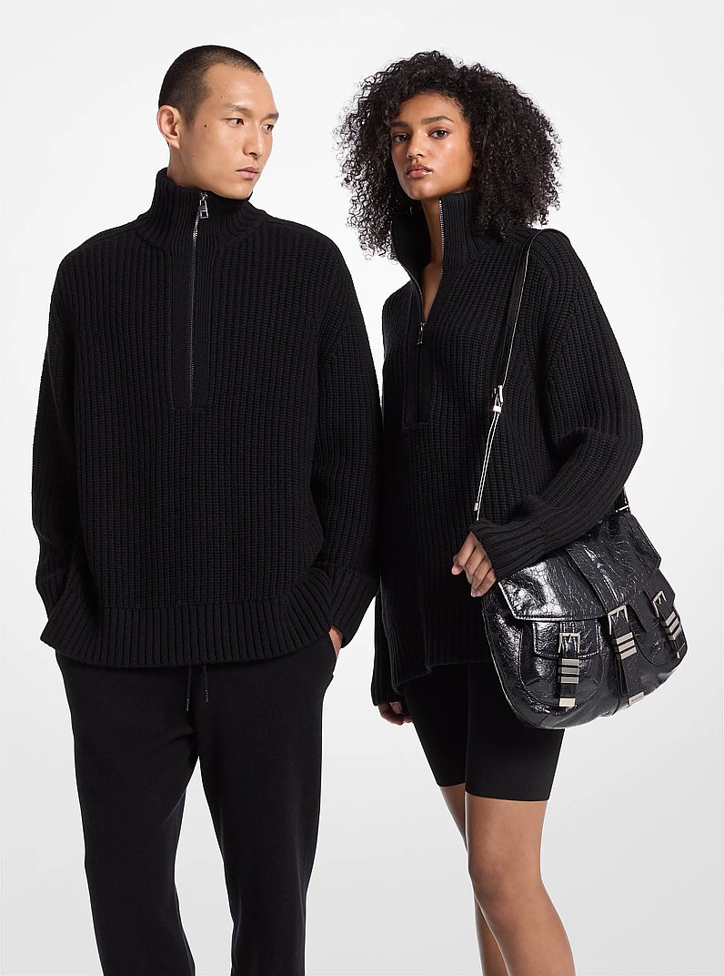 Wool and Cashmere Blend Half-Zip Sweater in BLACK | Michael Kors