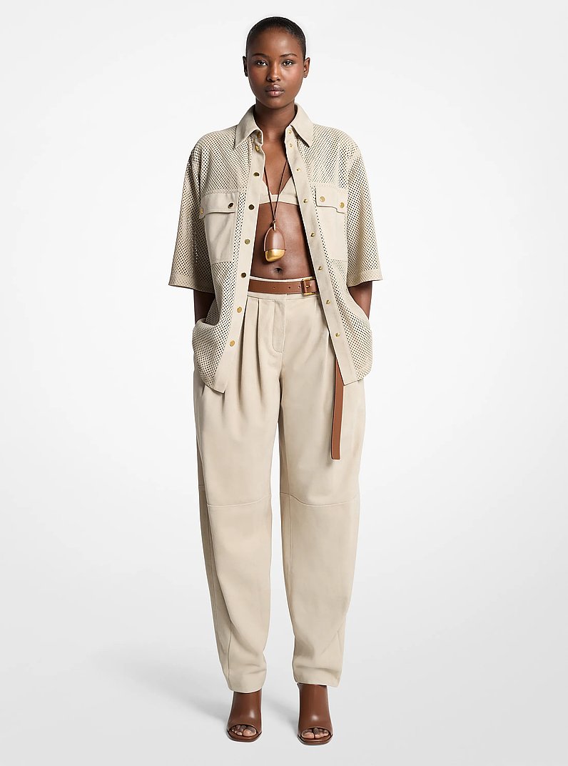 Pleated Suede Barrel Trousers in ALMOND | Michael Kors