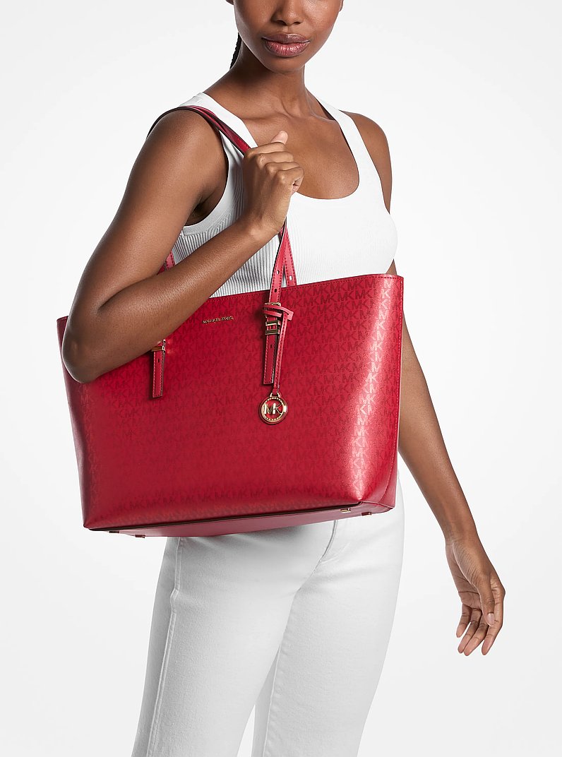 Quinn Large Metallic Signature Logo Tote Bag in CRIMSON | Michael Kors
