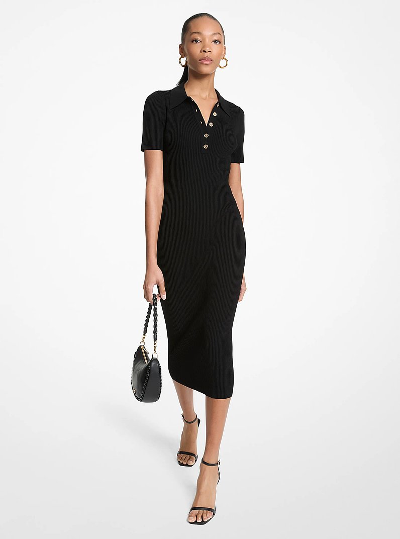 Stretch Knit Polo Midi Dress in BLACK | Michael Kors