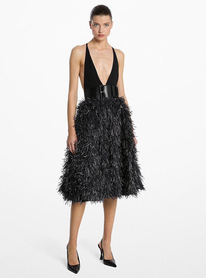 Jupe corolle en jacquard &agrave; franges brod&eacute;es &agrave; la main in NOIR | Michael Kors