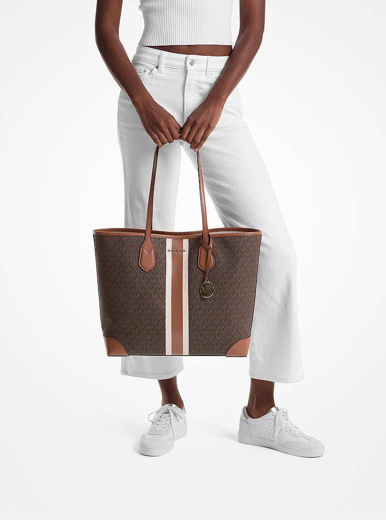 Eva Large Signature Logo Stripe Tote Bag in BROWN | Michael Kors