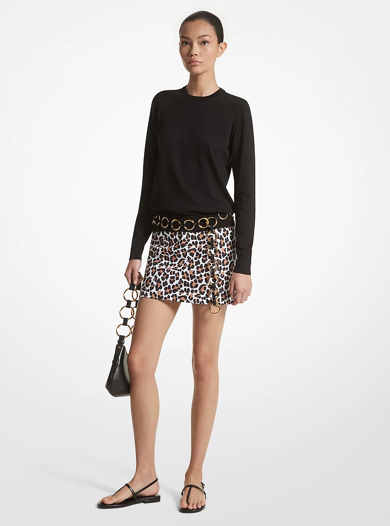 Leopard Print Stretch Cotton Broadcloth Skirt in SUNTAN MULTI | Michael Kors