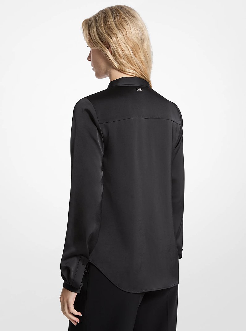 Satin Fringed Tie-Neck Blouse in BLACK | Michael Kors