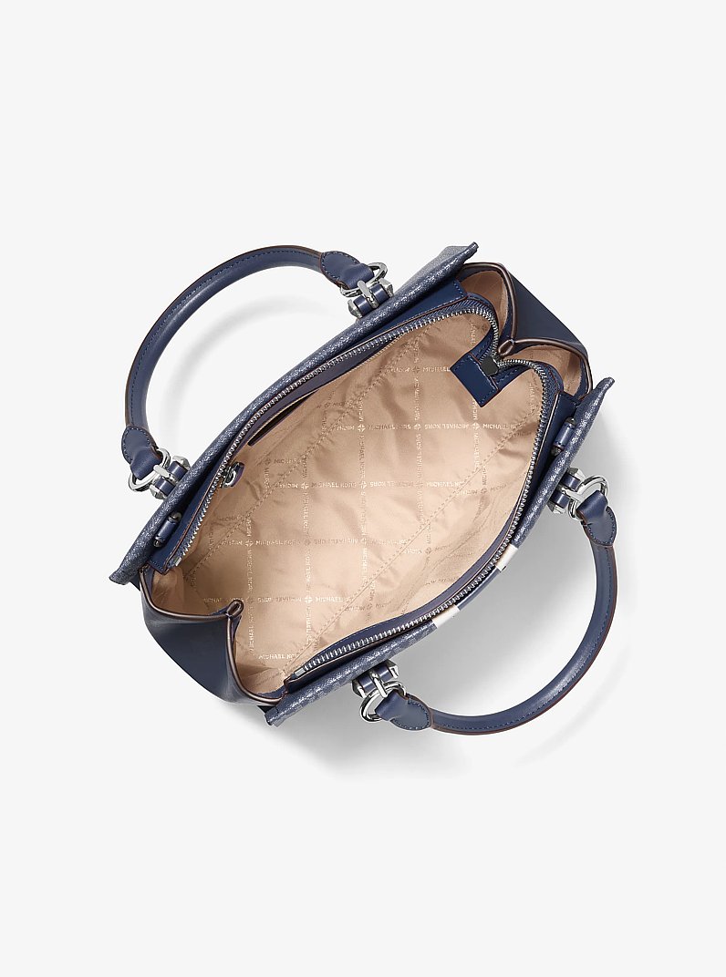 Marilyn Medium Signature Logo Stripe Satchel in NAVY | Michael Kors