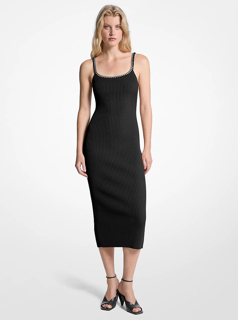 Robe mi-longue en tricot extensible c&ocirc;tel&eacute; &agrave; maillons in NOIR | Michael Kors