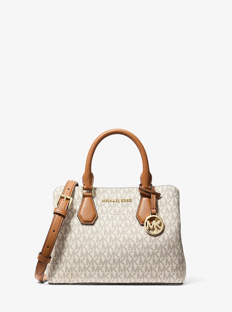 Camille Small Logo and Leather Satchel in VANILLA/ACORN | Michael Kors