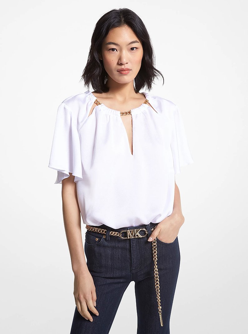 Chain-Link Cutout Hammered Satin Blouse in WHITE | Michael Kors