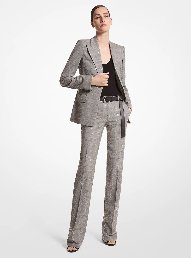 Georgina Embroidered Glen Plaid Stretch Wool Blazer in BLACK/WHITE | Michael Kors