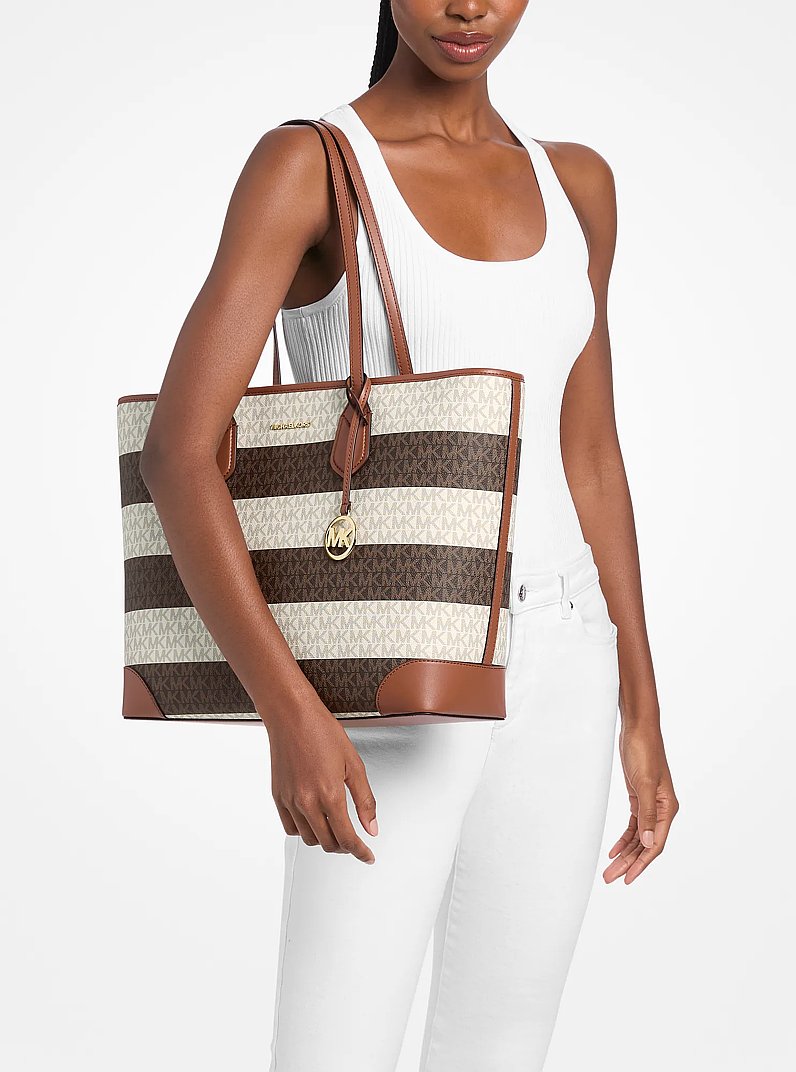 Bolso tote Eva grande a rayas con logotipo exclusivo in VAINILLA/LUGGAGE | Michael Kors