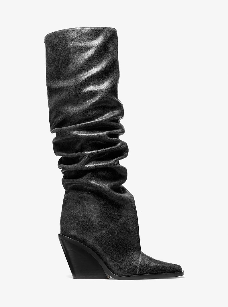 Noemie Distressed Leather Slouchy Boot in BLACK | Michael Kors