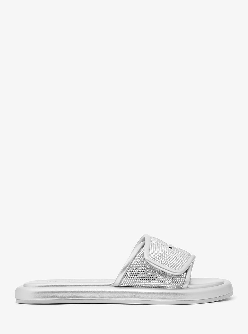 Suki Embellished Metallic Slide Sandal in SILVER | Michael Kors